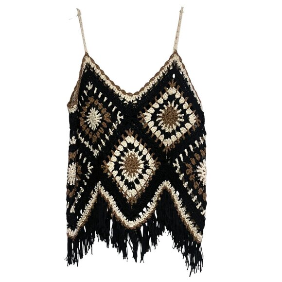 Elan Western Knit Tank Black/Brown L Crochet Fringe Patchwork Resort Whimsygoth - Picture 7 of 11